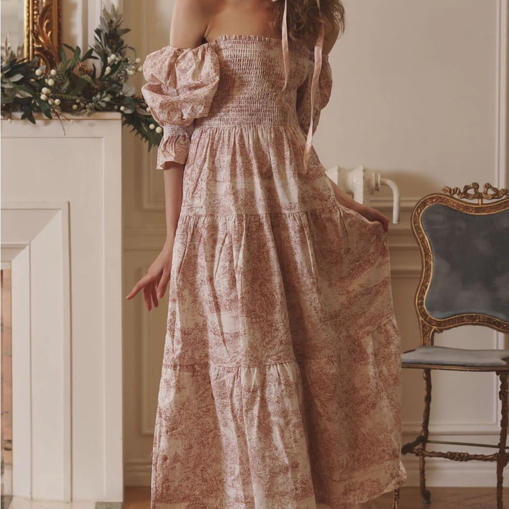 Nothing Fits But Baby Pink Kiko Toile Midi Smocked Dress